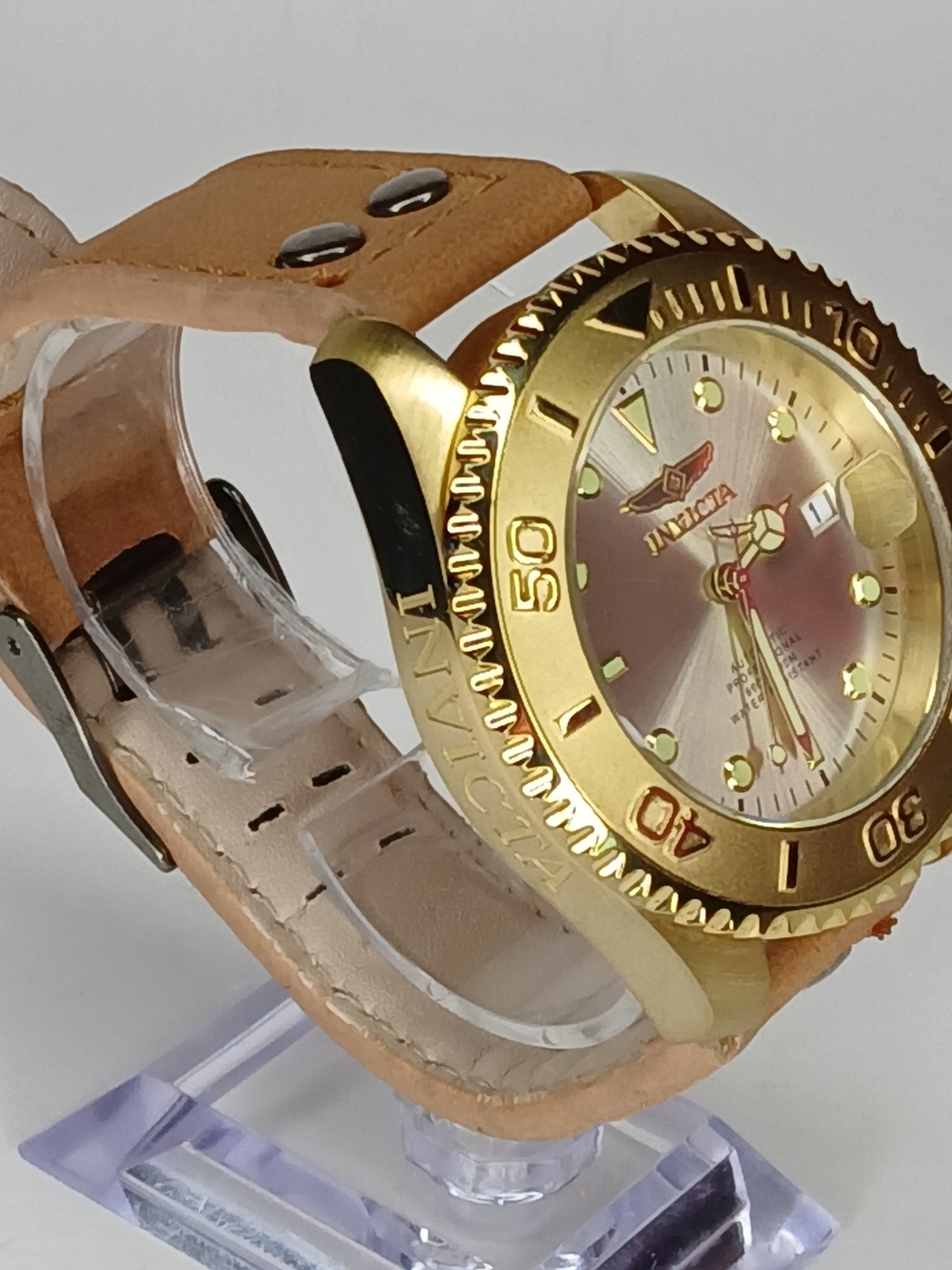 Invicta Pro Diver Automatic Gold Dial Watch 28950 200M Leather Strap